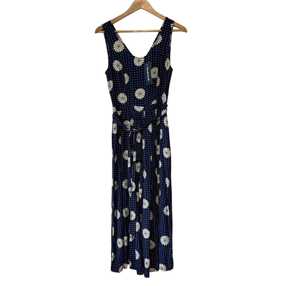 NWT ModCloth Navy Blue Floral Polka Dot Sleeveless Wide Leg Jumpsuit Retro Small